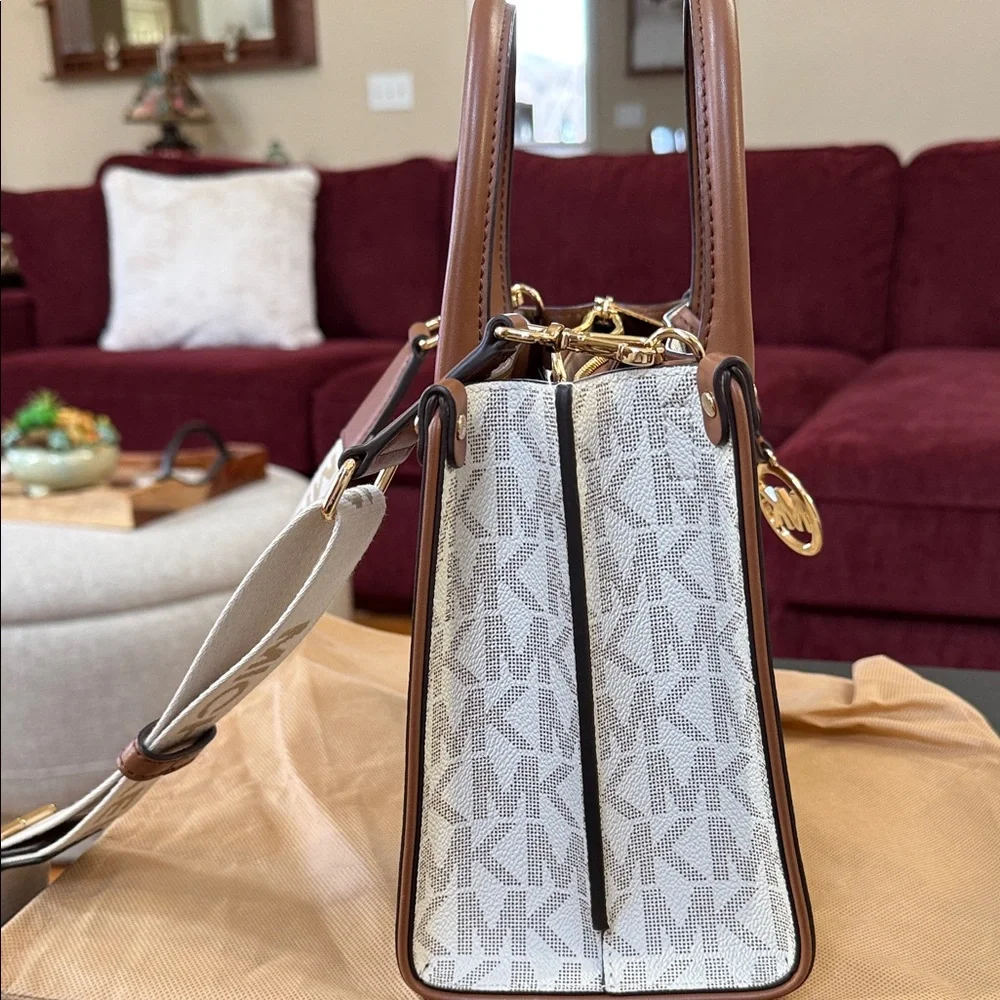 Michael Kors Beige/Chestnut Signature Canvas Satchel with Logo Strap - Picture 6 of 6